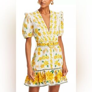 FARM Rio Yellow Floral Puff Sleeve Mini Dress | Belted V-Neck Cotton